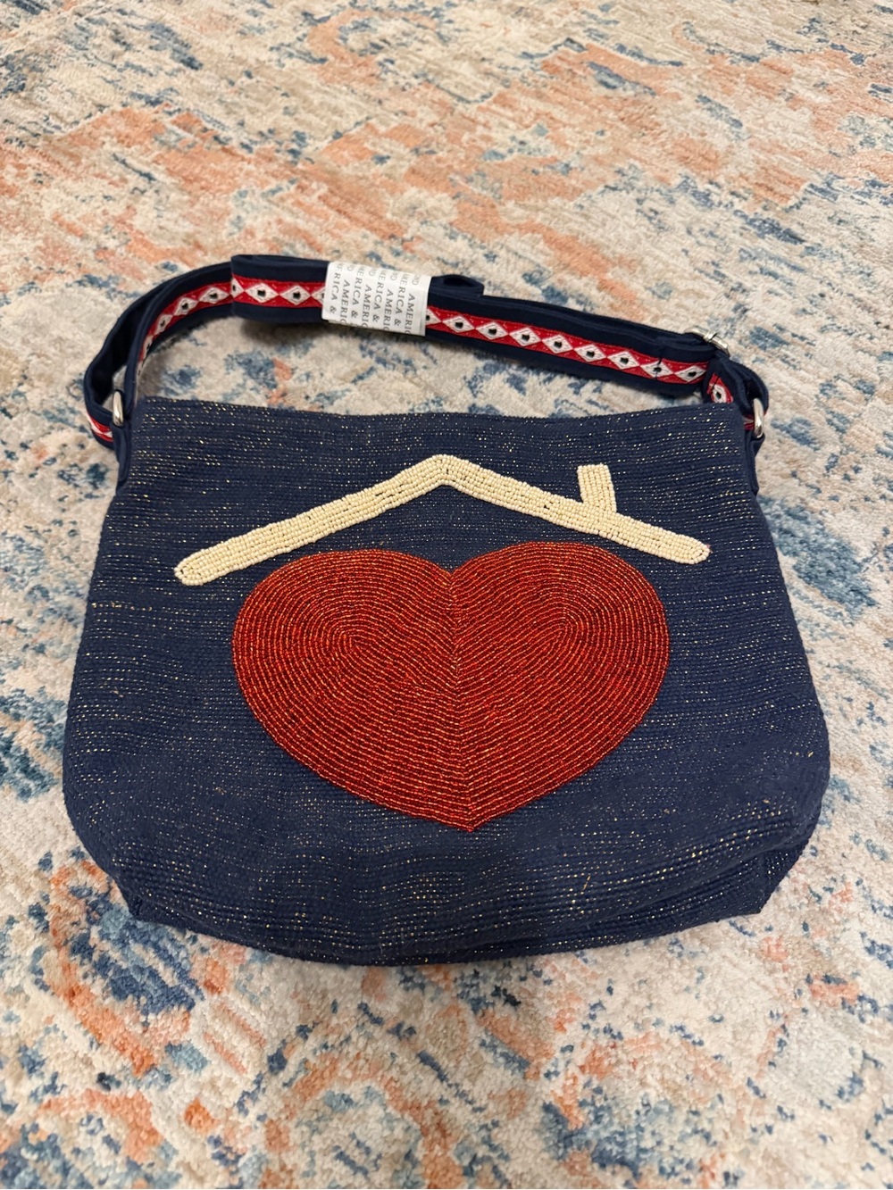 Navy Shoulder Bag with Red Beaded Heart and Cream Accent